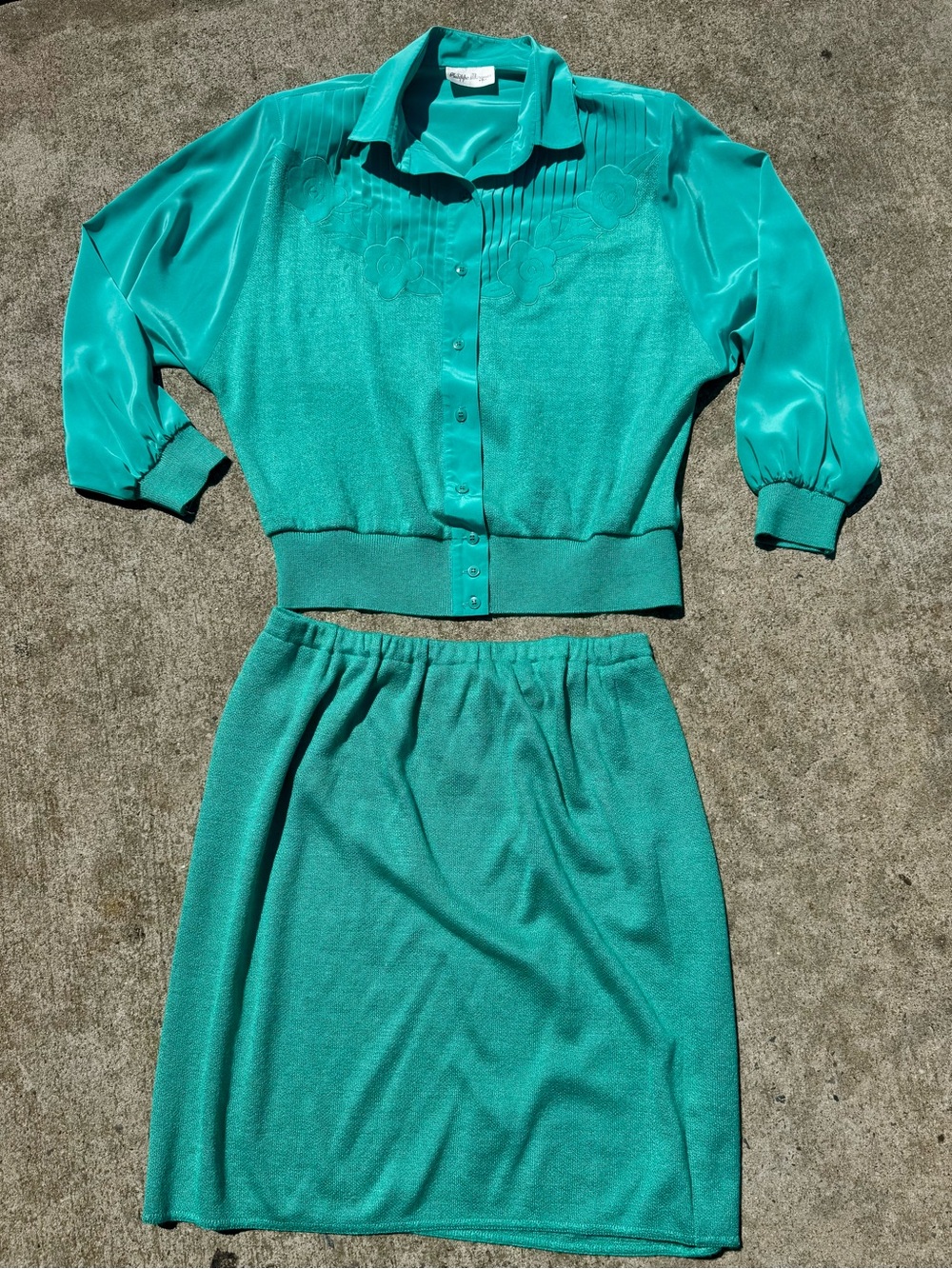 Vintage Philippe Marques 2-Piece aqua Blue green Sweater Skirt blouse Set Sz 14